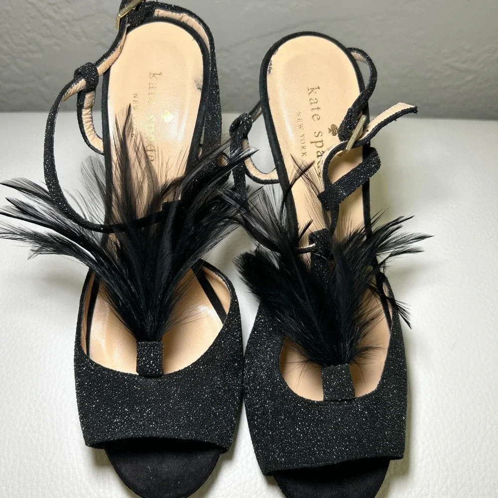 Kate‎ Spade Glitter Feather Black Open Toe Slingback Pumps Heels Size 7